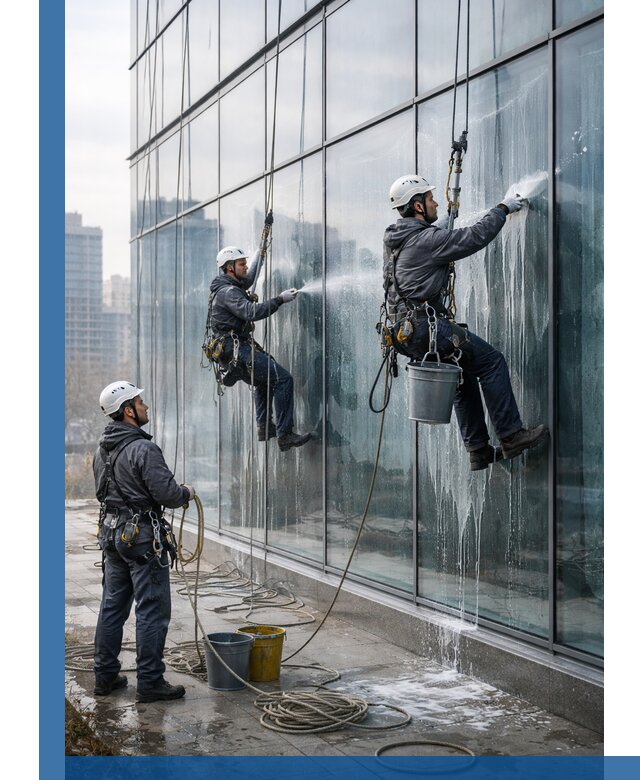 Промышленная мойка панорамных окон на высоте в Троицке