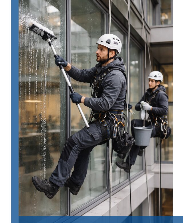 Профессиональная мойка витражей промышленными альпинистами в Троицке