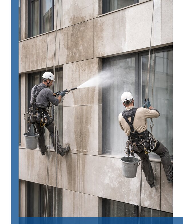 Послестроительная мойка фасада промышленным альпинизмом в Троицке