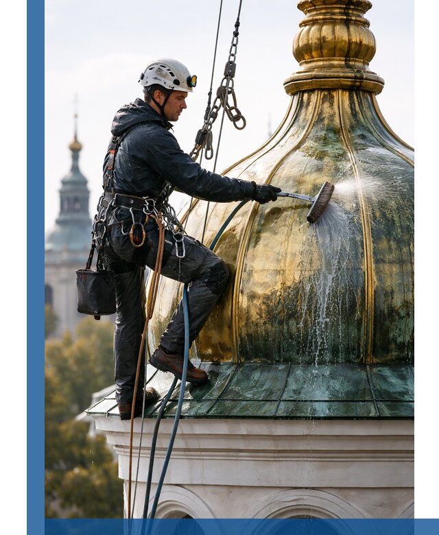 Профессиональная мойка куполов и шпилей высотными альпинистами в Троицке