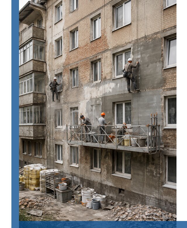 Капитальный ремонт фасада в Троицке с восстановлением и гидроизоляцией