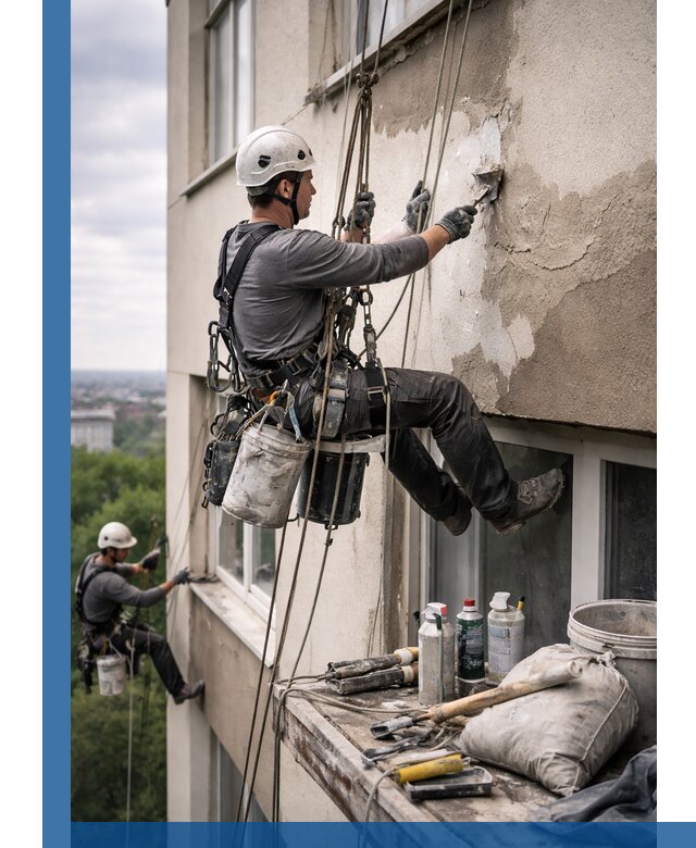 Косметический ремонт фасада зданий в Троицке промышленными альпинистами