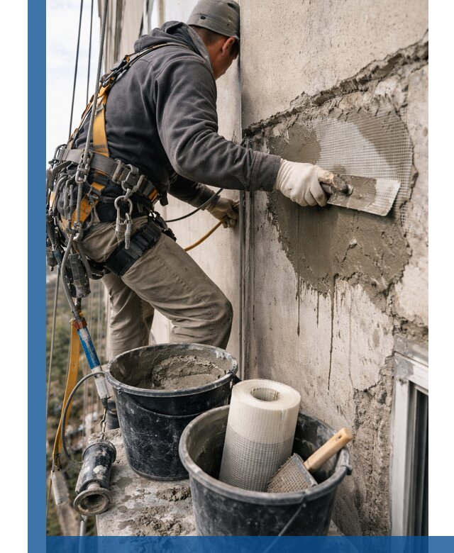 Ремонт бетонных элементов фасада промышленными альпинистами в Троицке