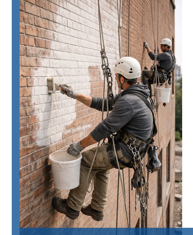 Покраска кирпичного фасада с доступным альпинистским сервисом в Троицке