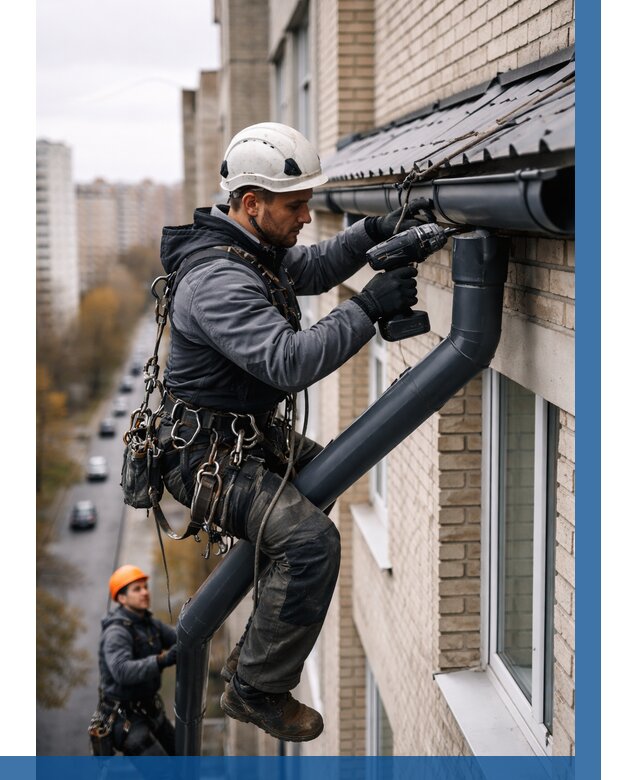 Монтаж водосточной системы на здании в Троицке от 5156 р. | ВЫСОТНИК-Трц