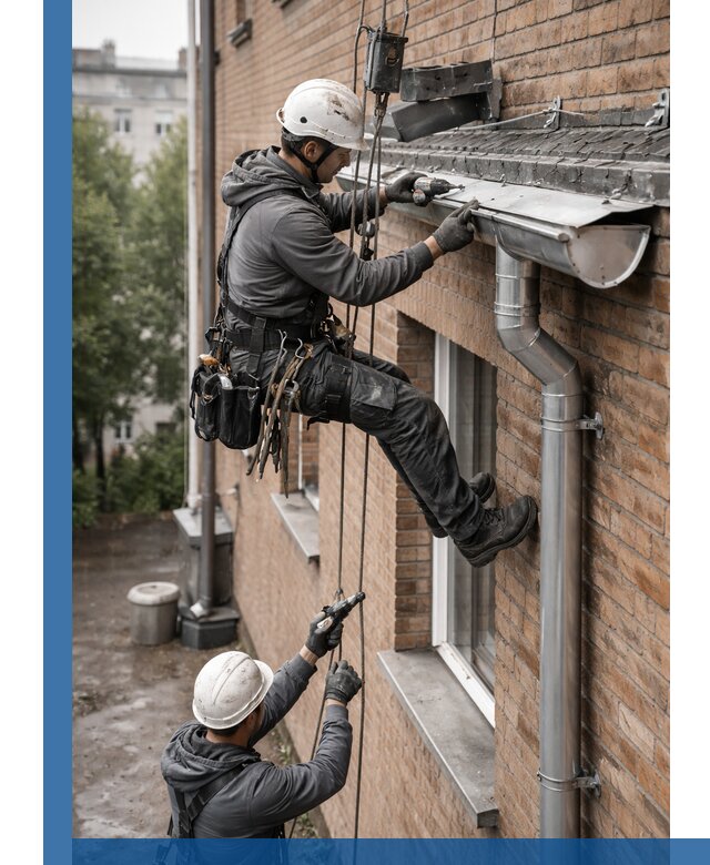 Монтаж водосточной системы на здании в Троицке под ключ