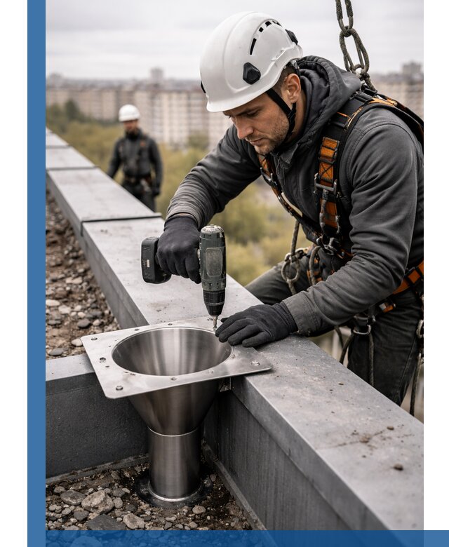 Монтаж водосточных воронок в Троицке для промышленных зданий