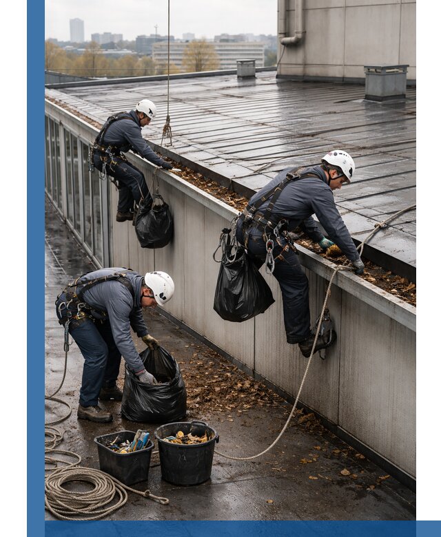 Очистка кровли по периметру в Троицке силами промышленных альпинистов