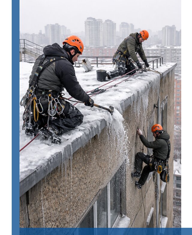 Удаление наледи с кровли в Троицке промышленными альпинистами