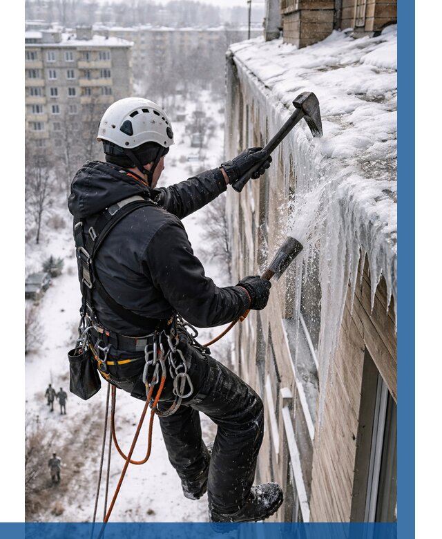 Сбивание сосулек с крыши в Троицке по цене от 4640 р. | ВЫСОТНИК-Трц