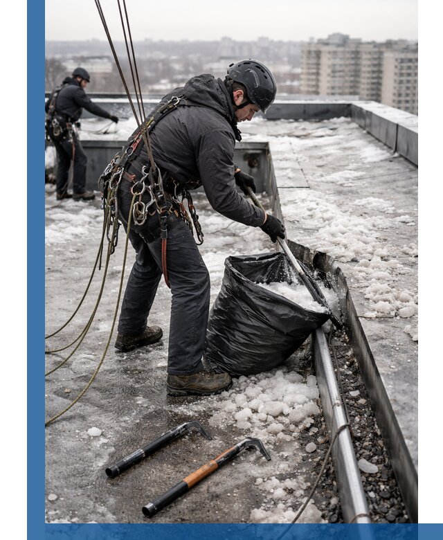 Аварийная очистка кровли в Троицке от промальпинистов