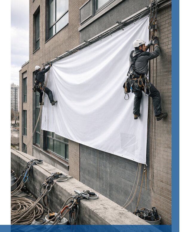 Монтаж баннеров на фасаде в Троицке от 670 р. заказать ВЫСОТНИК-Трц