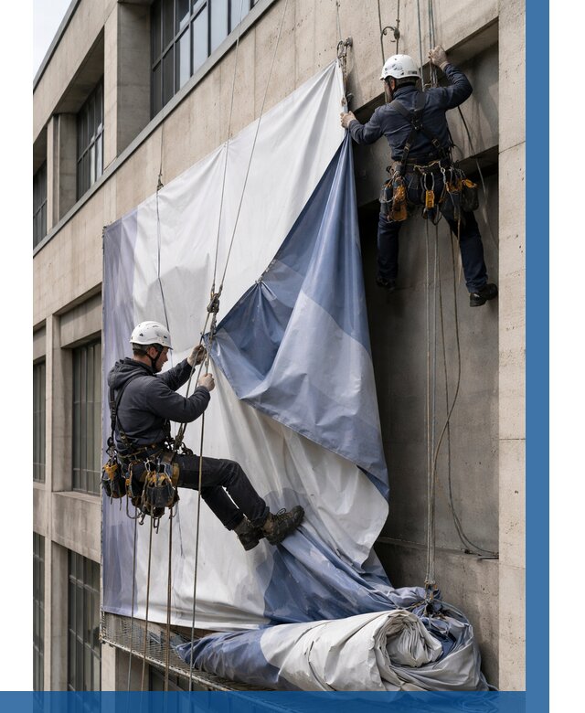 Демонтаж баннеров с фасада в Троицке от 4640 р. | ВЫСОТНИК-Трц