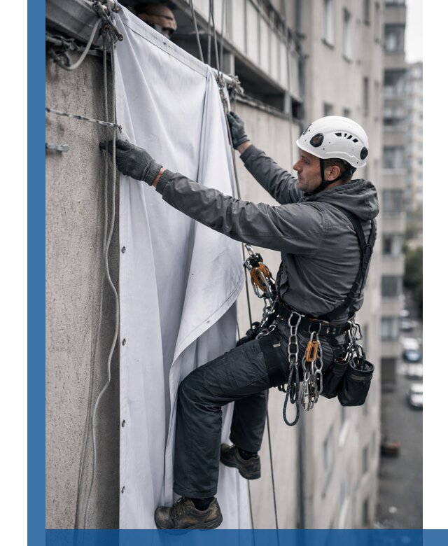 Замена баннерного полотна промышленными альпинистами в Троицке