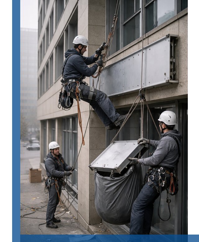 Демонтаж рекламной вывески с высотными работами в Троицке