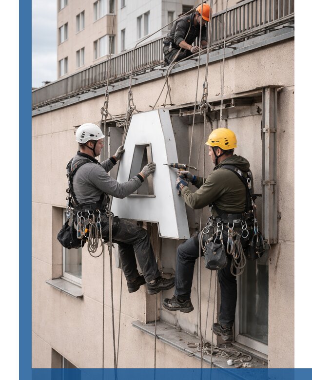 Ремонт и восстановление наружных вывесок на высоте в Троицке