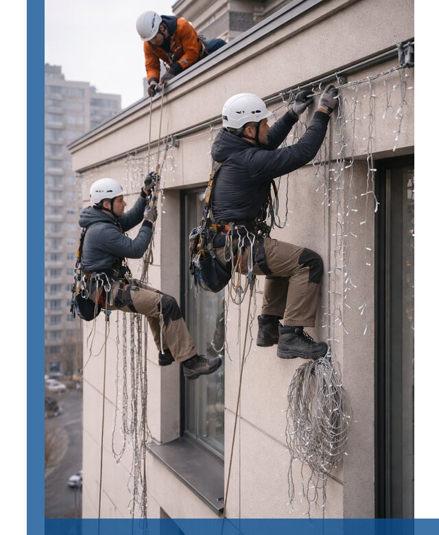 Монтаж праздничных гирлянд на фасаде в Троицке для зданий