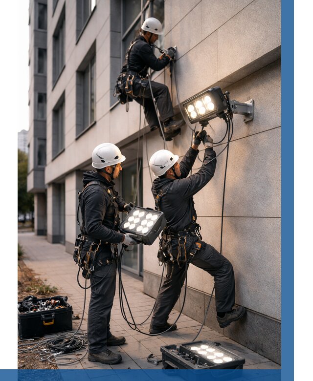 Монтаж прожекторов на фасаде в Троицке от 7733 р. | ВЫСОТНИК-Трц