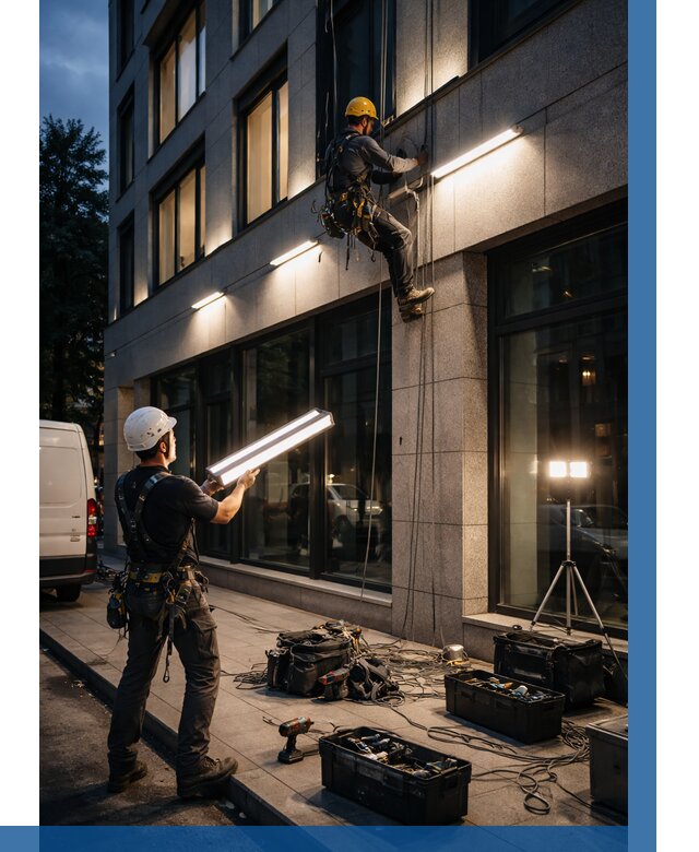 Монтаж архитектурной подсветки здания в Троицке от 2578 р.|ВЫСОТНИК-Трц