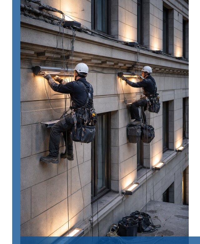 Монтаж архитектурной подсветки фасадов зданий в Троицке