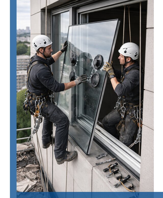 Замена стеклопакетов на высоте с промышленными альпинистами в Троицке