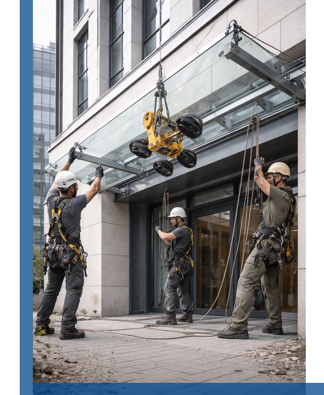 Монтаж стеклянных козырьков под ключ в Троицке для зданий