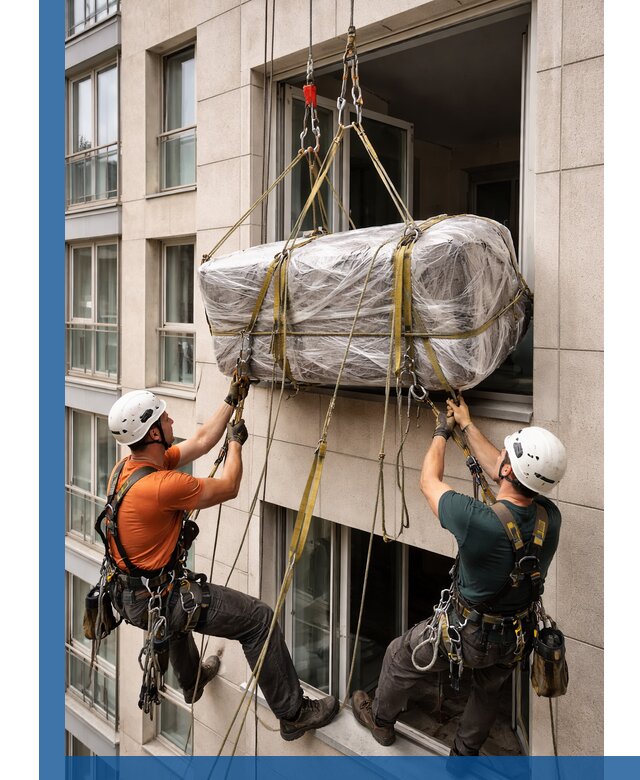 Подъем грузов через окно в Троицке промышленными альпинистами