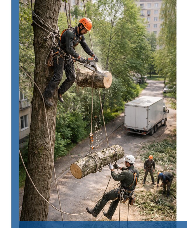 Спил деревьев альпинистами в Троицке, безопасно и без повреждений