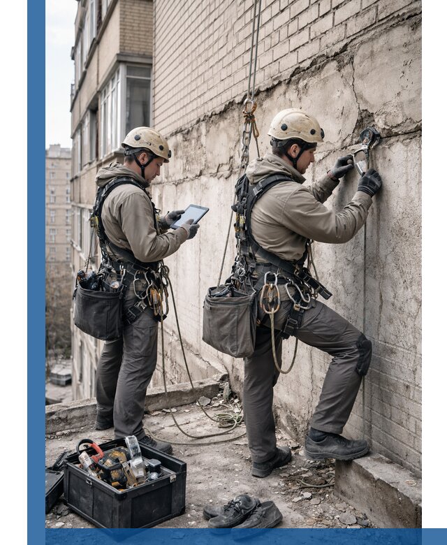 Обследование фасада промышленными альпинистами в Троицке